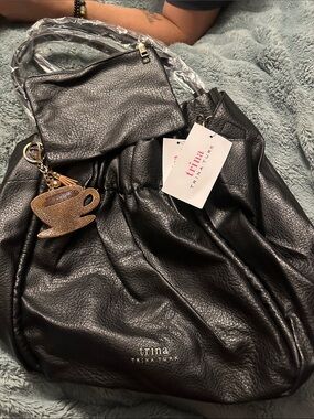 Trina Turk Black Pebbled Leather Shoulder Bag with Gold Charm